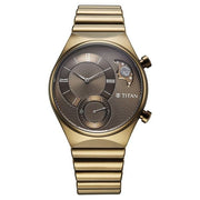 Titan 90181QM01 Classique Micromotors watch with khaki dial and brown stainless steel strap, alternate product view showing the case and strap