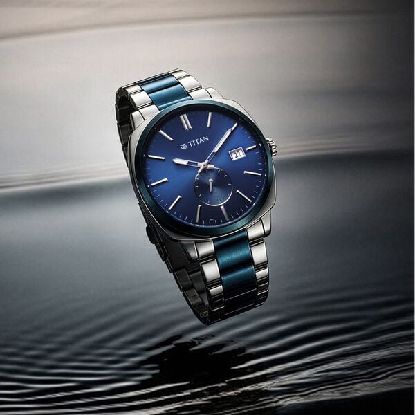 Titan 90189KM01 Classique Suave Quartz Analog Watch with Date, Blue Dial and Silver and Blue Stainless Steel Strap for Men 43mm