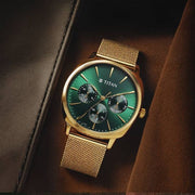 Titan 90189YM01 Classique Suave watch with green dial and golden stainless steel mesh strap, main product image