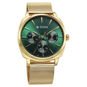 Titan 90189YM01 Classique Suave watch with green dial and golden stainless steel mesh strap, alternate product view showing the case and strap