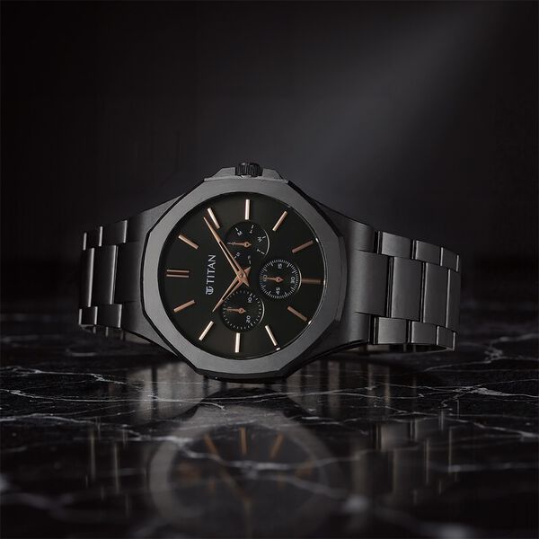 Titan 90198NM01 Classic Slim Multifunction Quartz Watch with Black Dial and Black Stainless Steel Strap for Men 43.5mm