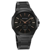 Titan 90198NM01 Classic Slim Multifunction watch with black dial and black stainless steel strap, alternate product view showing the case and strap