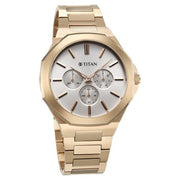 Titan 90198WM01 Classic Slim Multifunction watch with silver dial and carnation gold stainless steel strap, alternate product view showing the case and strap