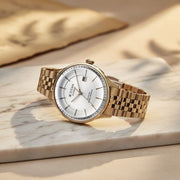 Titan 90201WM01 Automatic Weekender watch, primary product view with White dial and rose gold stainless steel strap