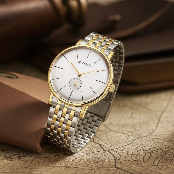 Titan 90203BM01 Elegance Quartz Analog Watch with White Dial and Two-Tone Stainless Steel Strap for Men 42mm