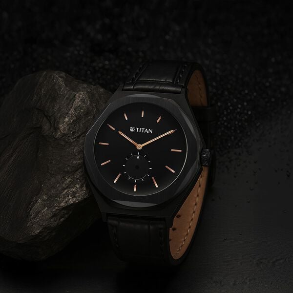 Titan 90210NL01 Classique Contour Quartz Analog Watch with Small Seconds, Black Dial and Black Leather Strap for Men 42mm