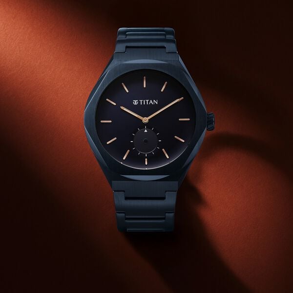 Titan 90210QM01 Classique Contour Quartz Analog Watch with Small Seconds, Blue Dial and Blue Stainless Steel Strap for Men 42mm