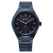 Titan 90210QM01 Classique Contour watch with blue dial and blue stainless steel strap, alternate product view showing the case and strap