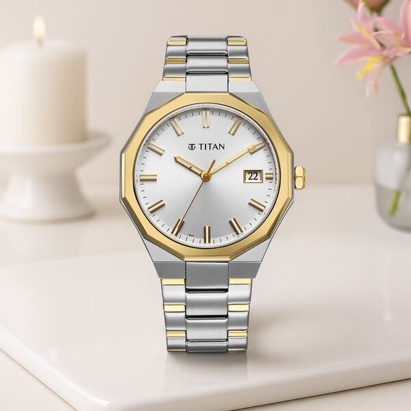 Titan 90212BM01 Regalia Dodecagon Quartz Analog Watch with Date, Silver Dial and Two-Tone Stainless Steel Strap for Men 40mm