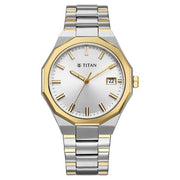 Titan 90212BM01 Regalia Dodecagon watch with silver dial and two toned stainless steel strap, alternate product view showing the case and strap
