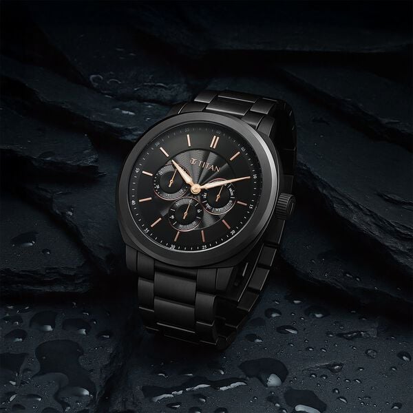 Titan 90213NM01 Regalia Arc Quartz Multifunction Analog Watch with Black Dial and Black Stainless Steel Strap for Men 44mm