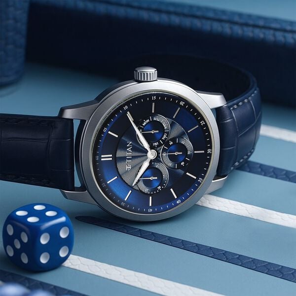 Titan 90213SL01 Regalia Arc Quartz Multifunction Analog Watch with Blue Dial and Blue Leather Strap for Men 44mm