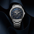 Titan 90213SM01 Regalia Arc Quartz Multifunction Analog Watch with Blue Dial and Silver Stainless Steel Strap for Men 44mm