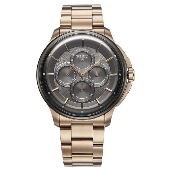 Titan 90217KM02 Classique Four Eye Multifunction Quartz Analog Watch with Anthracite Dial and Carnation Gold Stainless Steel Strap for Men 42mm