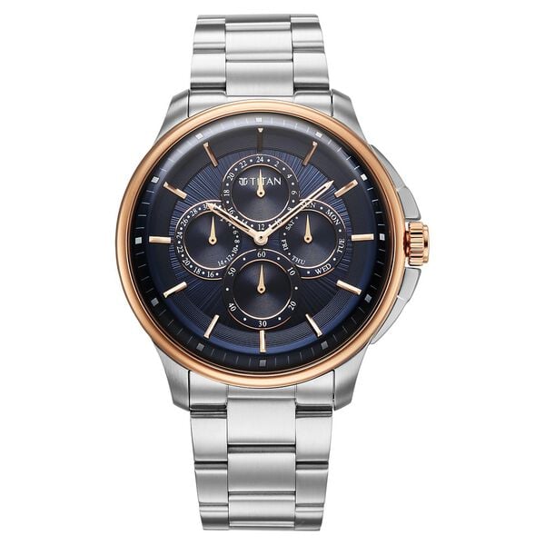 Titan 90217KM04 Classique Four Eye Multifunction Quartz Analog Watch with Blue Dial and Silver Stainless Steel Strap for Men 42mm