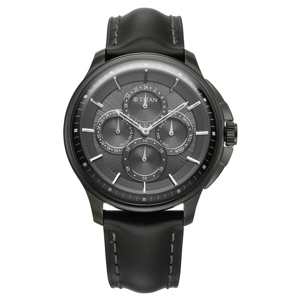 Titan 90217QL01 Classique Four Eye Multifunction Quartz Analog Watch with Anthracite Dial and Black Leather Strap for Men 42mm