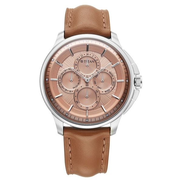 Titan 90217SL01 Classique Four Eye Multifunction Quartz Analog Watch with Salmon Dial and Tan Brown Leather Strap for Men 42mm