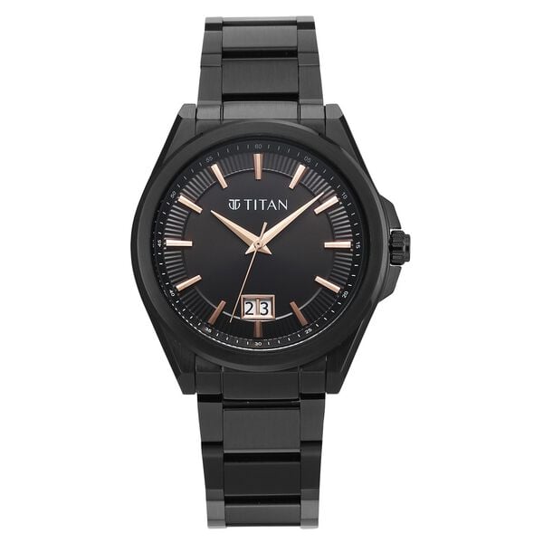 Titan 90219NM01 Classique Big Date Quartz Analog Watch with Black Dial and Black Stainless Steel Strap for Men 40mm