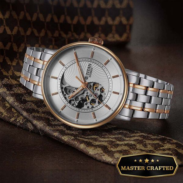 Titan 90222KM01 Ying Yang Automatic Analog Watch with Silver Dial and Silver and Rose Gold Stainless Steel Strap for Men