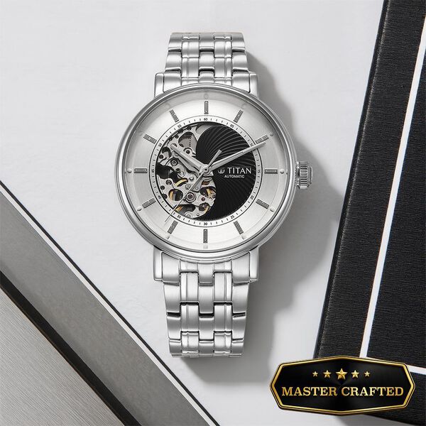 Titan 90222SM01 Ying Yang Automatic Analog Watch with Silver and Black Dial and Silver and Rose Gold Stainless Steel Strap for Men