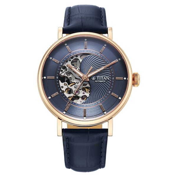Titan 90222WL01 Yin Yang Skeletal Automatic Analog Watch with Blue Dial and Blue Leather Strap for Men