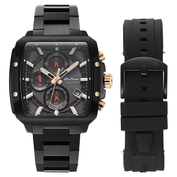 Titan 90254KM01 Octane Velocity Quartz Chronograph Analog Watch with Black Dial and Black Stainless Steel Strap with Rose Gold Accents for Men 43mm