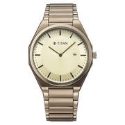 Titan 90257QM03 champagne dial watch with brown strap, front view showing the dial and markers