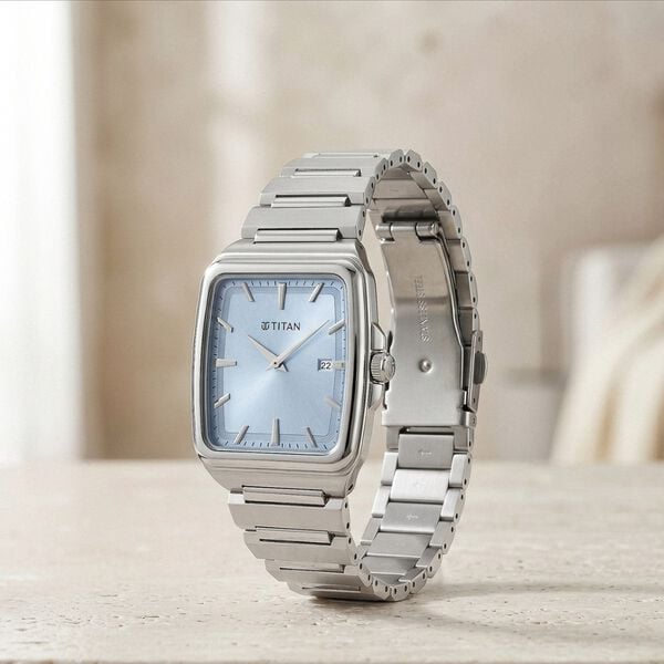 Titan 90260SM01 Classique Sleekfit Quartz Analog Watch with Blue Dial and Silver Stainless Steel Strap for Men 35mm