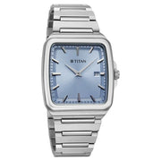Titan 90260SM01 blue dial watch with silver strap, alternate product view showing the case and strap