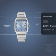 Titan 90260SM01 blue dial watch with silver strap, product size and case-dimensions image