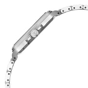 Titan 90260SM01 blue dial watch with silver strap, side view showing the case profile and strap