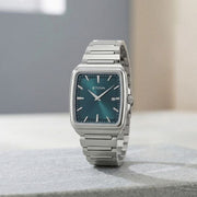 Titan 90260SM02 green dial watch with silver strap, main product view showing the watch design