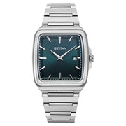 Titan 90260SM02 green dial watch with silver strap, front view showing the dial and markers