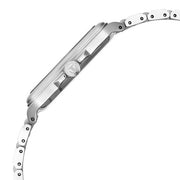 Titan 90260SM02 green dial watch with silver strap, side view showing the case profile and strap