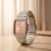 Titan 90260SM03 salmon pink dial watch with silver strap, main product view showing the watch design