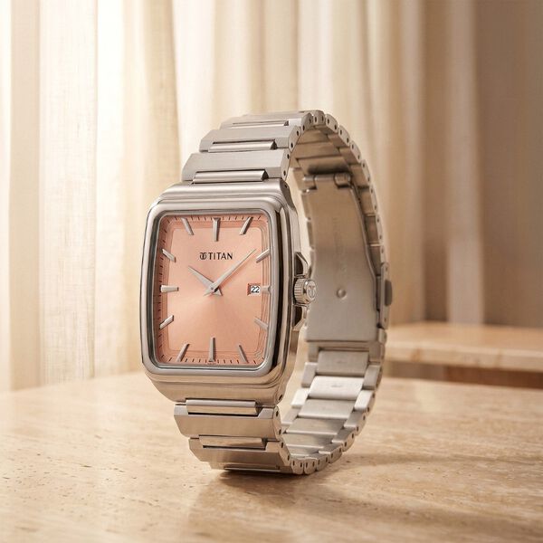 Titan 90260SM03 Classique Sleekfit Quartz Analog Watch with Salmon Pink Dial and Silver Stainless Steel Strap for Men 35mm
