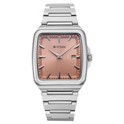 Titan 90260SM03 salmon pink dial watch with silver strap, front view showing the dial and markers