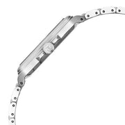 Titan 90260SM03 salmon pink dial watch with silver strap, side view showing the case profile and strap