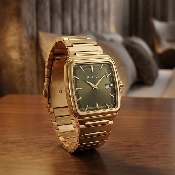 Titan 90260YM01 Classique Sleekfit Quartz Analog Watch with Green Dial and Gold Stainless Steel Strap for Men 35mm