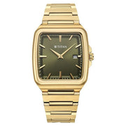 Titan 90260YM01 green dial watch with gold strap, front view showing the dial and markers