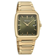 Titan 90260YM01 green dial watch with gold strap, alternate product view showing the case and strap