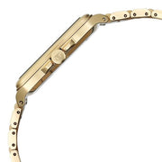 Titan 90260YM01 green dial watch with gold strap, side view showing the case profile and strap