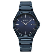 Titan 90261QM01 blue dial watch with blue strap, front view showing the dial and markers