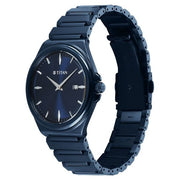 Titan 90261QM01 blue dial watch with blue strap, alternate view of the watch and bracelet