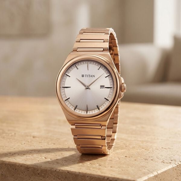 Titan 90261WM01 Classique Sleekfit Quartz Analog Watch with Rose Gold Dial and Rose Gold Stainless Steel Strap for Men 40mm