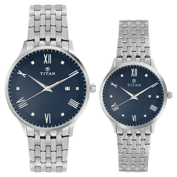 Titan 9400194201SM01 Bandhan Quartz Analog with Date Watch with Blue Dial and Silver Stainless Steel Straps for Couples 40mm and 31mm