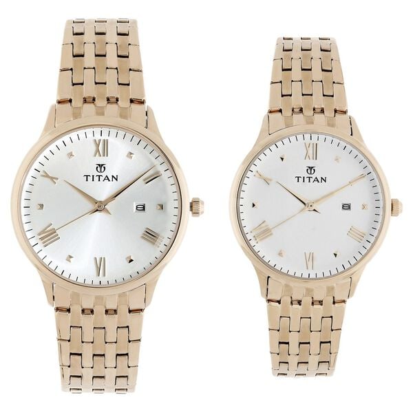 Titan 9400194201WM01 Bandhan Quartz Analog with Date Watch Set and Silver and Rose Gold Stainless Steel Strap Set for Couples