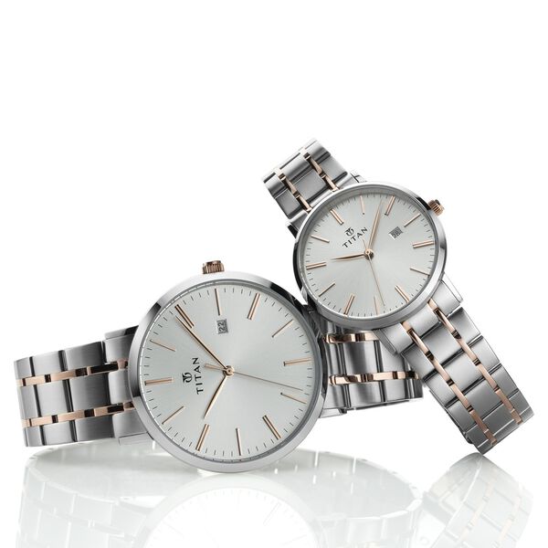 Titan 9400294202KM01 Bandhan Quartz Analog with Date Watch Set with Silver Dial and Two Toned Stainless Steel Strap Set for Couples