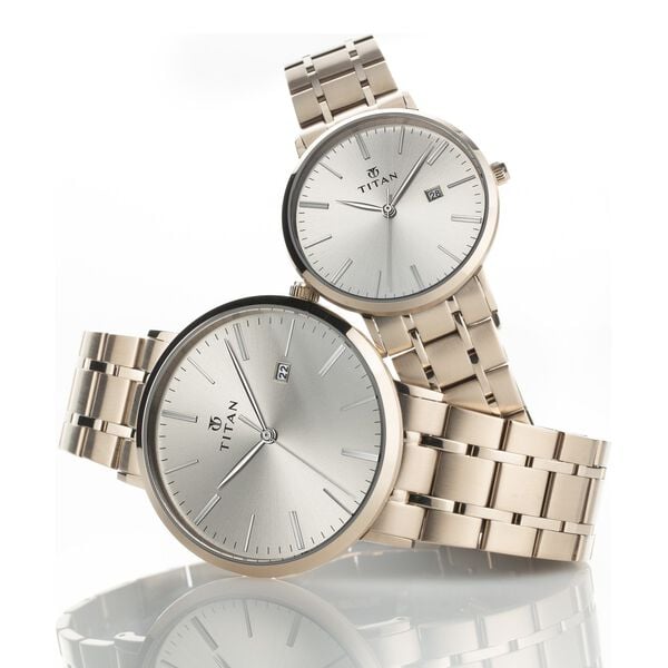 Titan 9400294202WM01 Bandhan Quartz Analog with Date Watch Set with Rose Gold Dial and Rose Gold Stainless Steel Strap Set for Couples