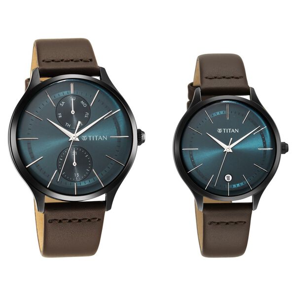 Titan 9400494204QL01 Bandhan Quartz Analog with Date Watch Set with Green Dial and Brown Leather Strap Set for Couples